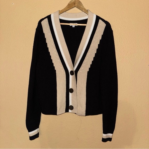 525 Women's Varsity Black and Cream Cardigan Sweater size Medium 100% cotton - Picture 2 of 5